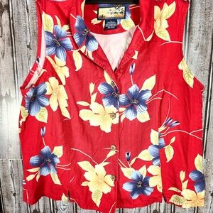 Red and Blue Sleeveless Button Down Blouse